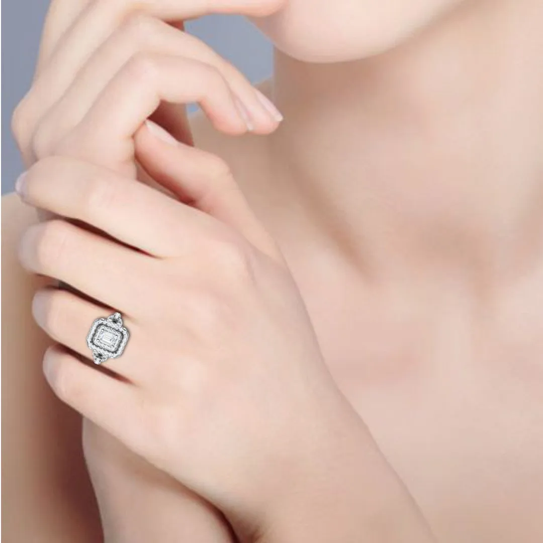 0.50cts Emerald Cut Solitaire Double Halo Diamond Shank Platinum Ring JL PT JRW2822MM