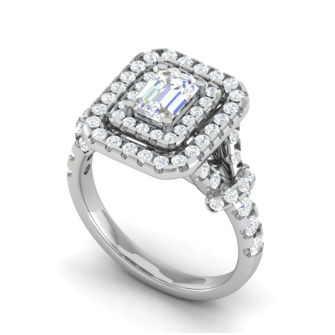 0.50cts Emerald Cut Solitaire Double Halo Diamond Shank Platinum Ring JL PT JRW2822MM