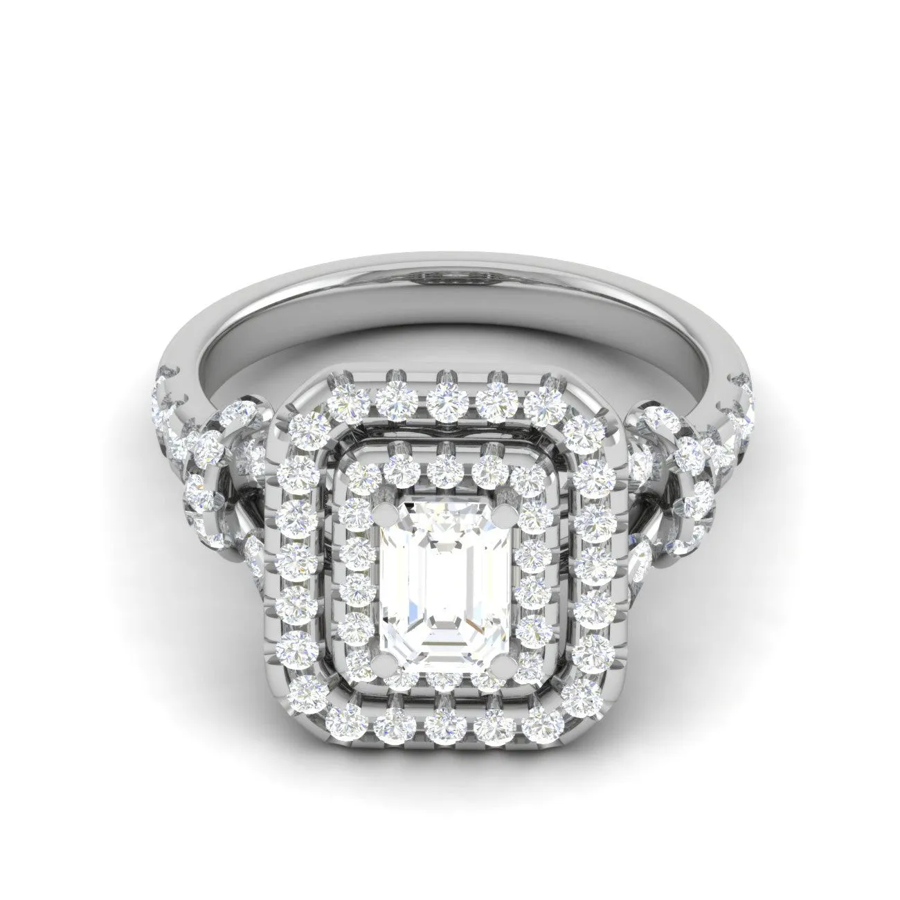 0.50cts Emerald Cut Solitaire Double Halo Diamond Shank Platinum Ring JL PT JRW2822MM