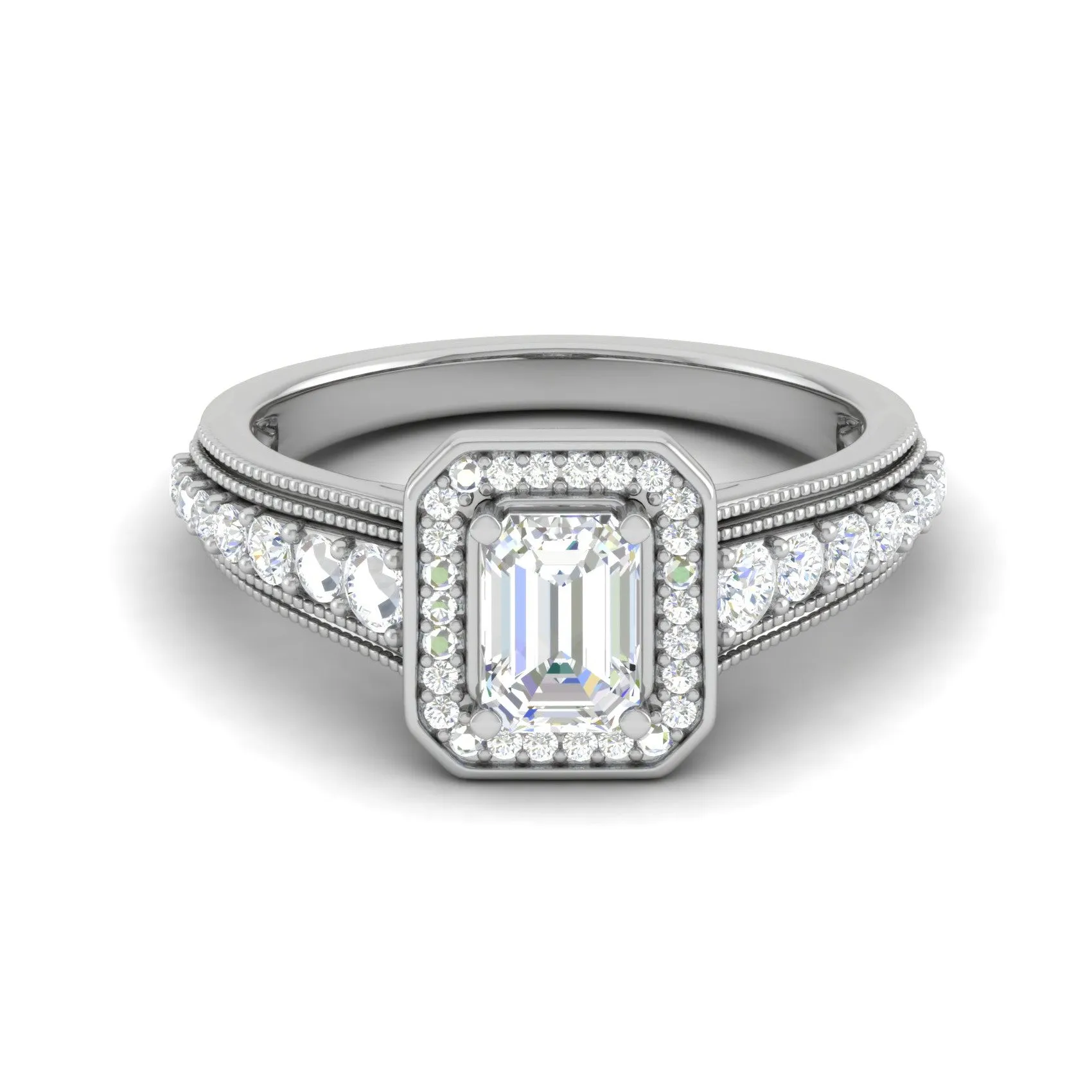 0.50cts. Emerald Cut Solitaire Halo Diamond Shank Platinum Ring JL PT WB6010E