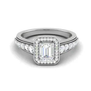 0.50cts. Emerald Cut Solitaire Halo Diamond Shank Platinum Ring JL PT WB6010E
