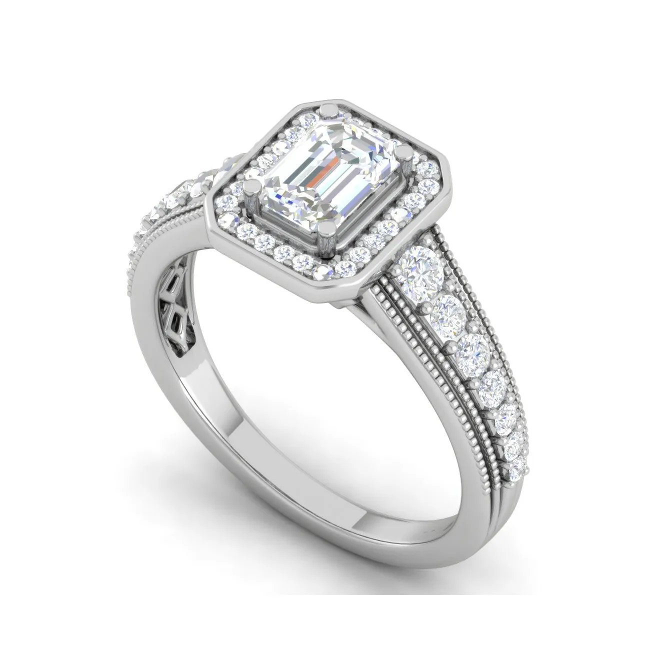 0.50cts. Emerald Cut Solitaire Halo Diamond Shank Platinum Ring JL PT WB6010E
