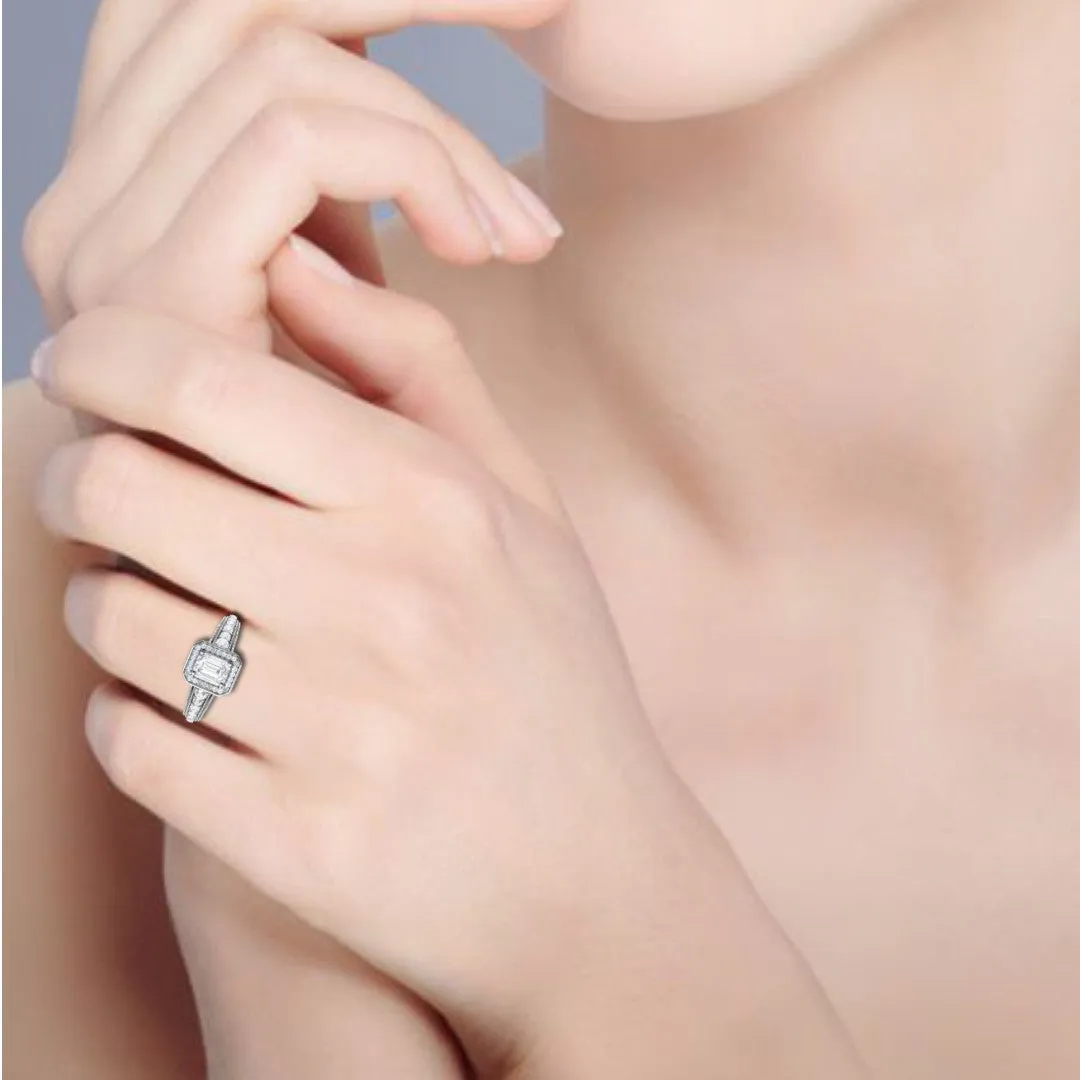 0.50cts. Emerald Cut Solitaire Halo Diamond Shank Platinum Ring JL PT WB6010E