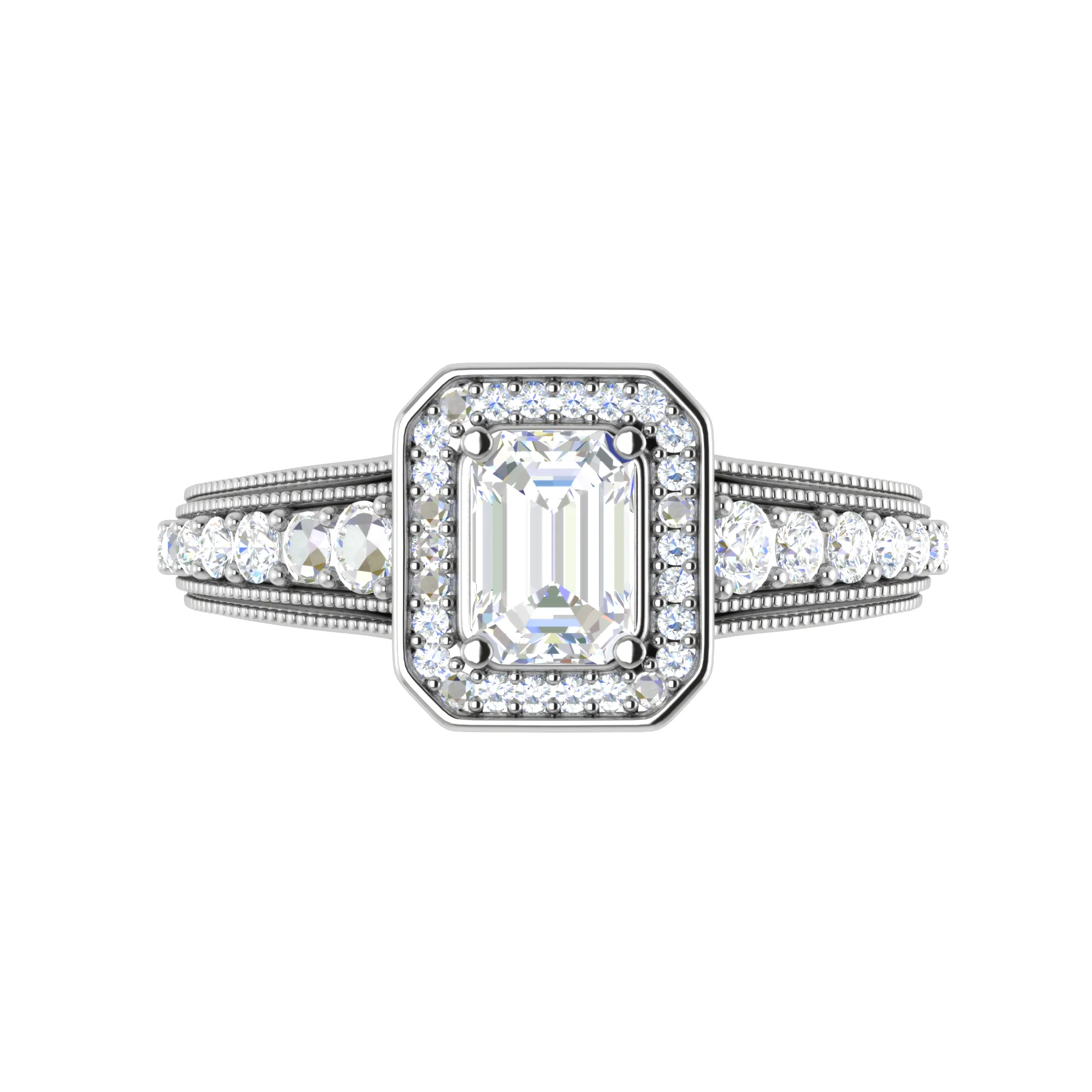 0.50cts. Emerald Cut Solitaire Halo Diamond Shank Platinum Ring JL PT WB6010E
