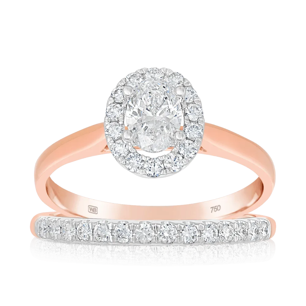 1.00ct TW Diamond Oval Halo Engagement & Wedding Bridal Set in 18ct Rose Gold