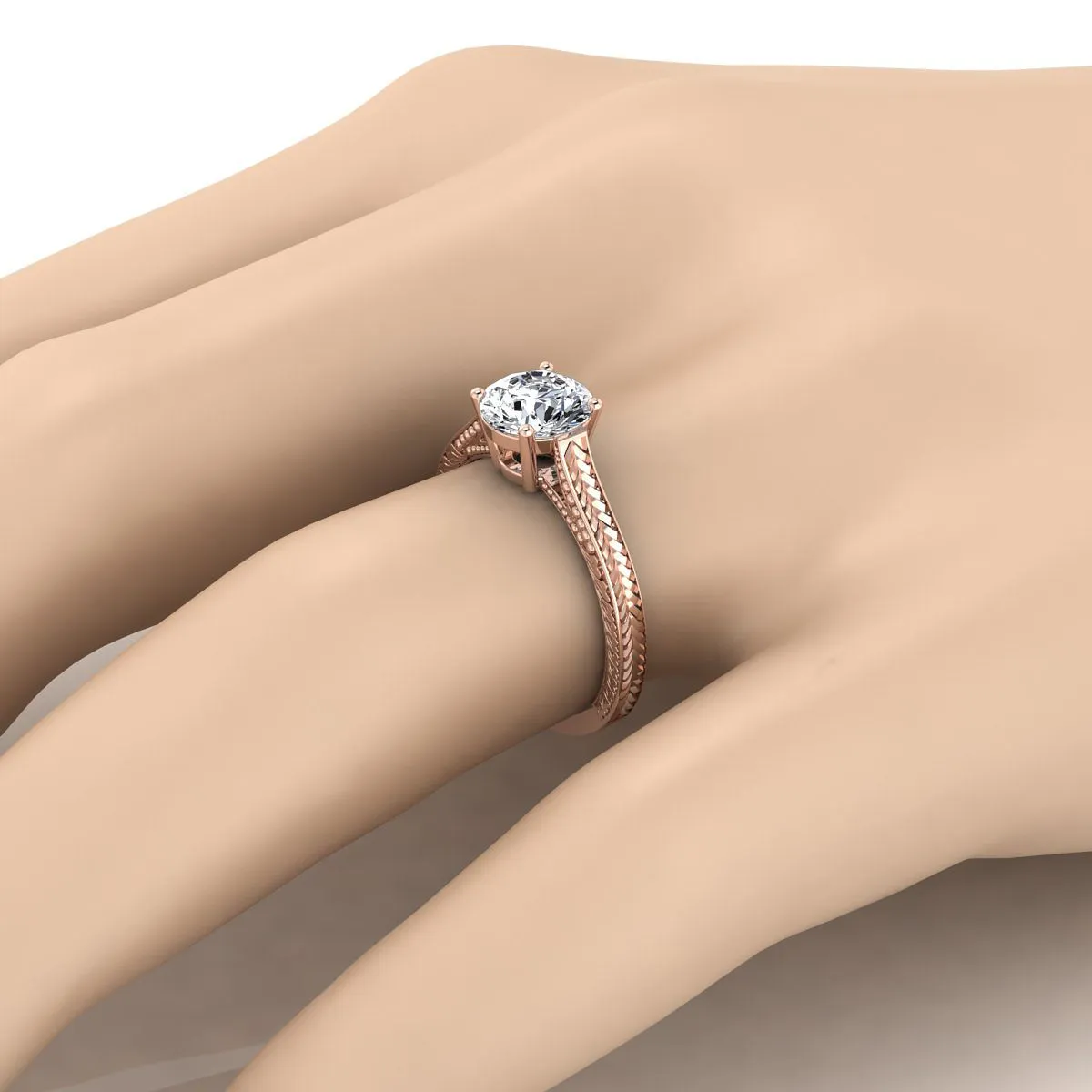 14K Rose Gold Round Brilliant Citrine Hand Engraved Vintage Cathedral Style Solitaire Engagement Ring