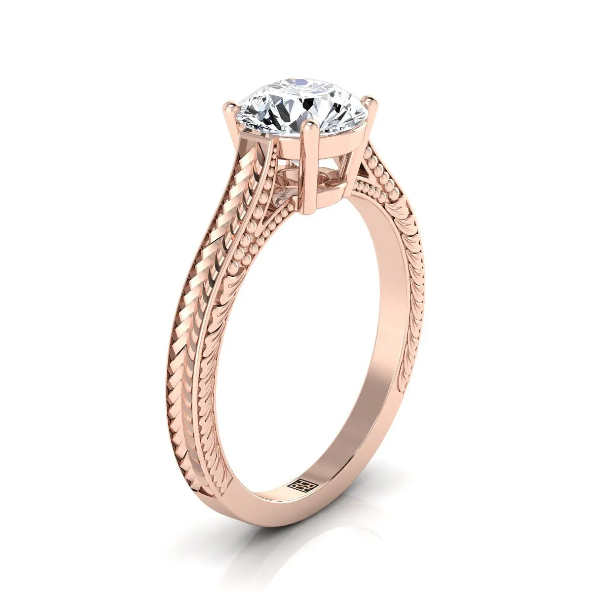 14K Rose Gold Round Brilliant Citrine Hand Engraved Vintage Cathedral Style Solitaire Engagement Ring