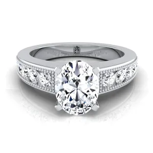 14K White Gold Oval Diamond Antique Milgrain Bead and Channel Set Engagement Ring -1/2ctw