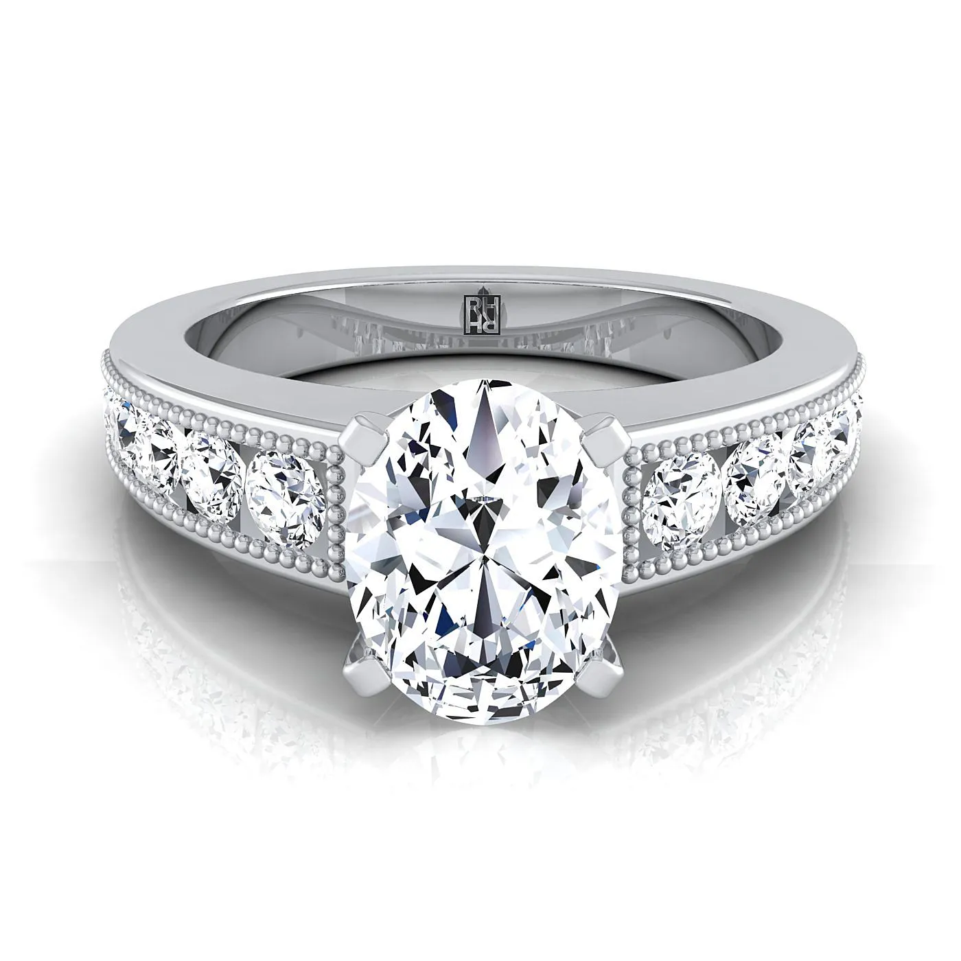 14K White Gold Oval Diamond Antique Milgrain Bead and Channel Set Engagement Ring -1/2ctw