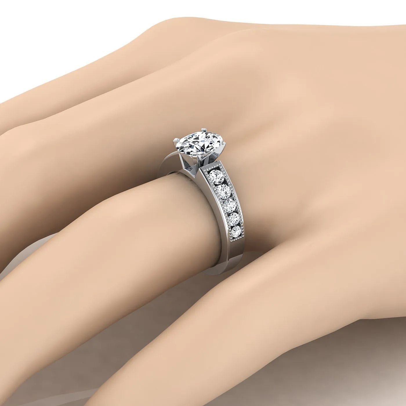 14K White Gold Oval Diamond Antique Milgrain Bead and Channel Set Engagement Ring -1/2ctw