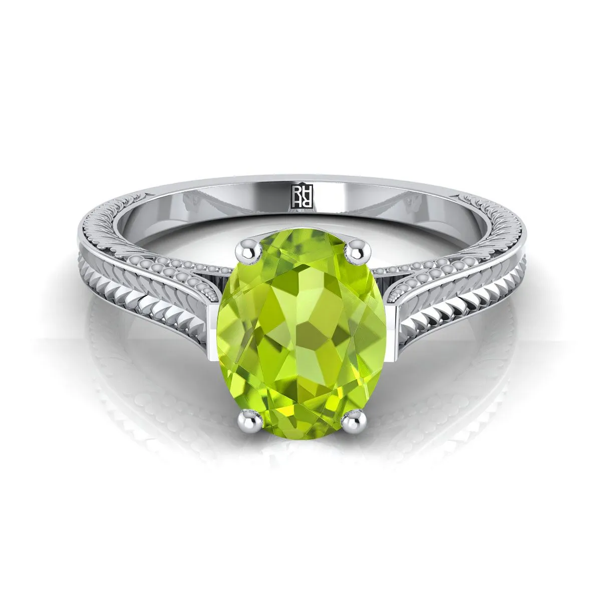 14K White Gold Oval Peridot Hand Engraved Vintage Cathedral Style Solitaire Engagement Ring