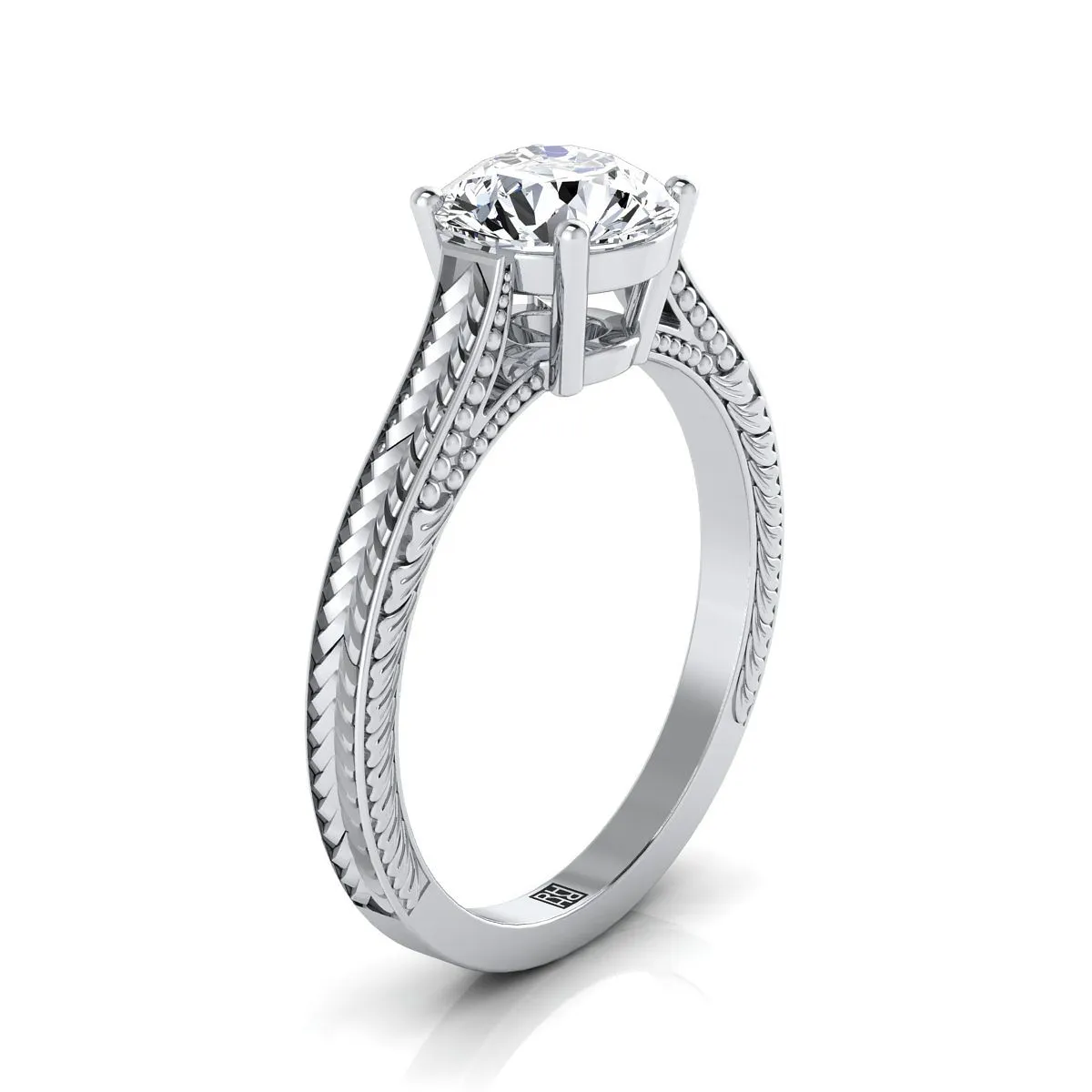14K White Gold Round Brilliant Citrine Hand Engraved Vintage Cathedral Style Solitaire Engagement Ring