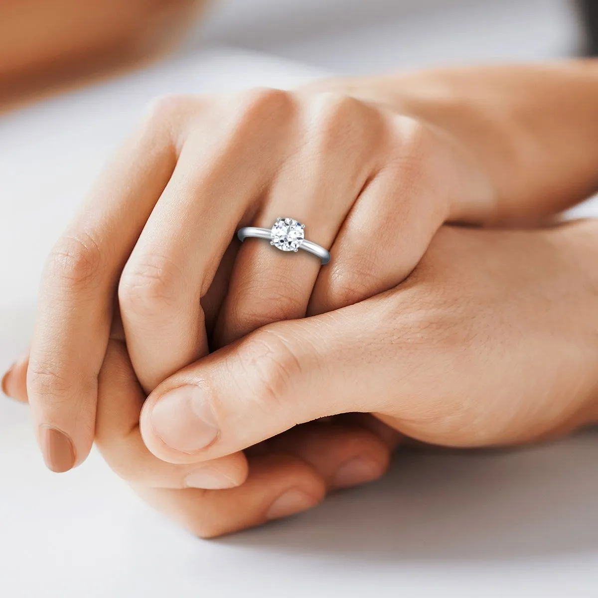 14K White Gold Round Brilliant Emerald Round Comfort Fit Claw Prong Solitaire Engagement Ring