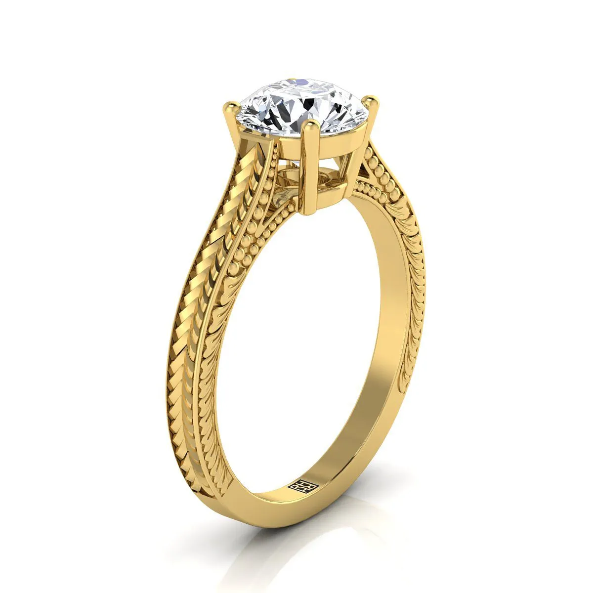 14K Yellow Gold Round Brilliant Amethyst Hand Engraved Vintage Cathedral Style Solitaire Engagement Ring