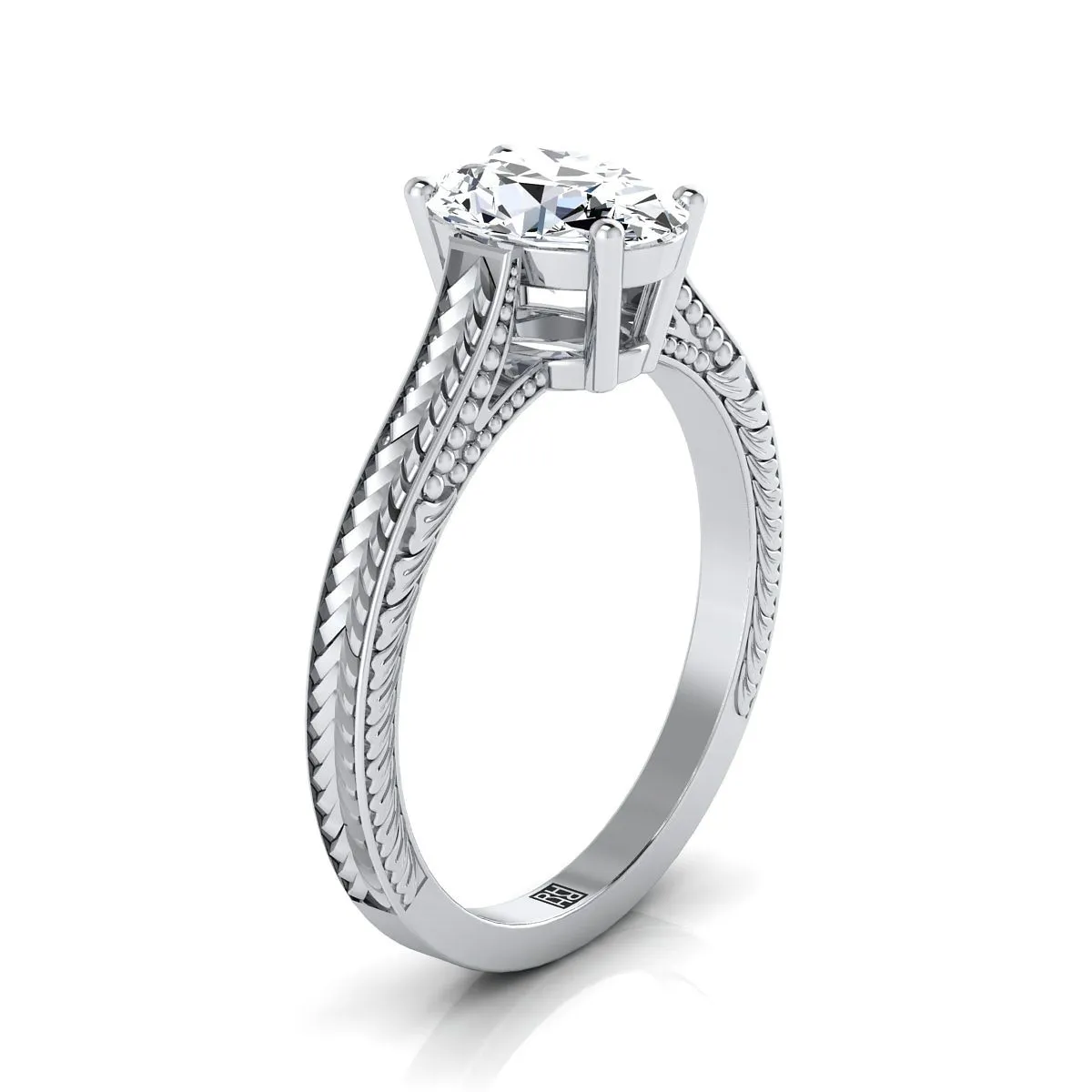 18K White Gold Oval Aquamarine Hand Engraved Vintage Cathedral Style Solitaire Engagement Ring