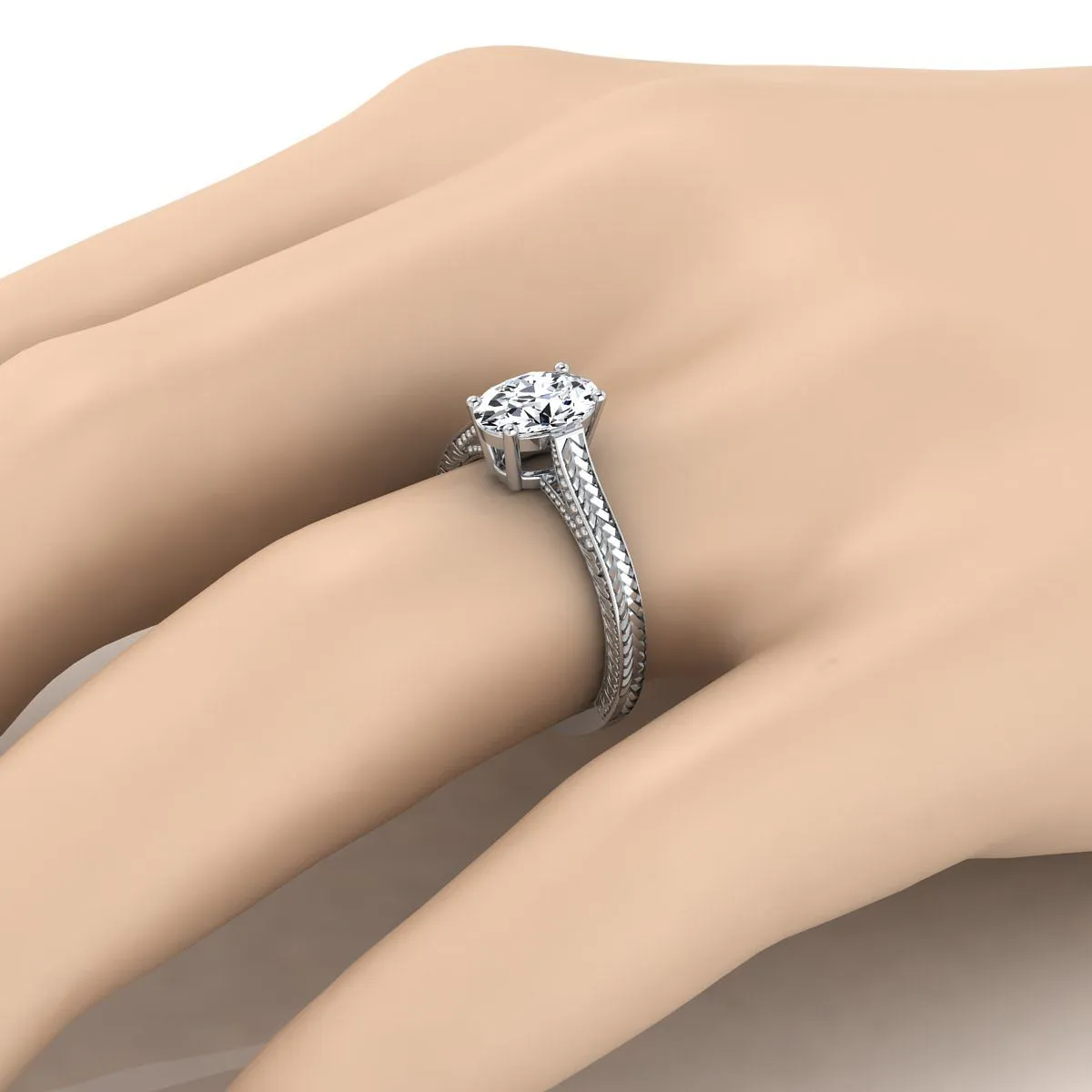 18K White Gold Oval Aquamarine Hand Engraved Vintage Cathedral Style Solitaire Engagement Ring