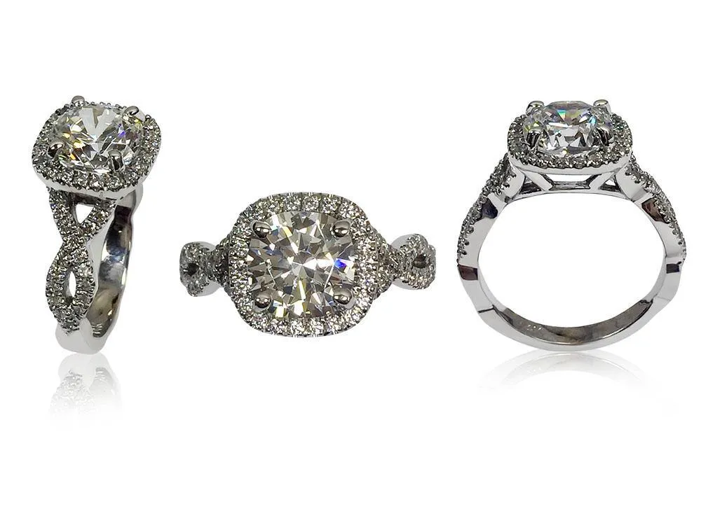 2.5 AAA Highest Quality Cubic Zirconia Cushion Cut Engagement Ring 14K White Gold