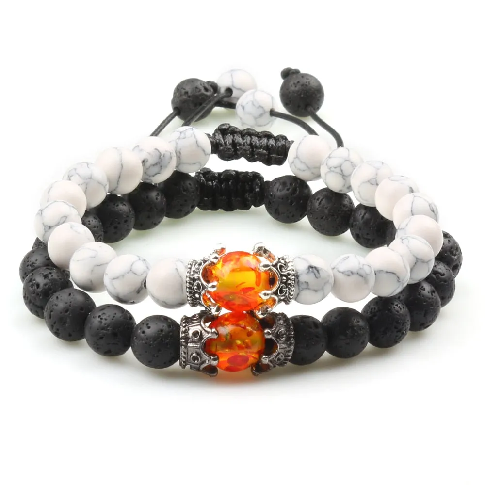 2pcs Charm Crown Tiger Eye Beads Bracelets Men Black Lava Stone Bangles