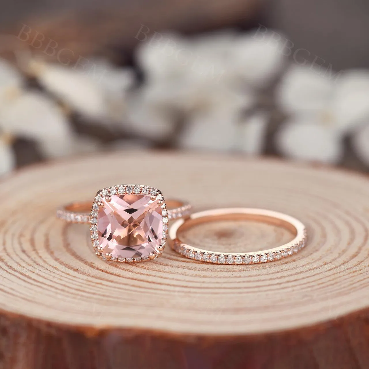 3 Carat Cushion Morganite Engagement Ring Set Rose Gold Halo Diamond Wedding Ring