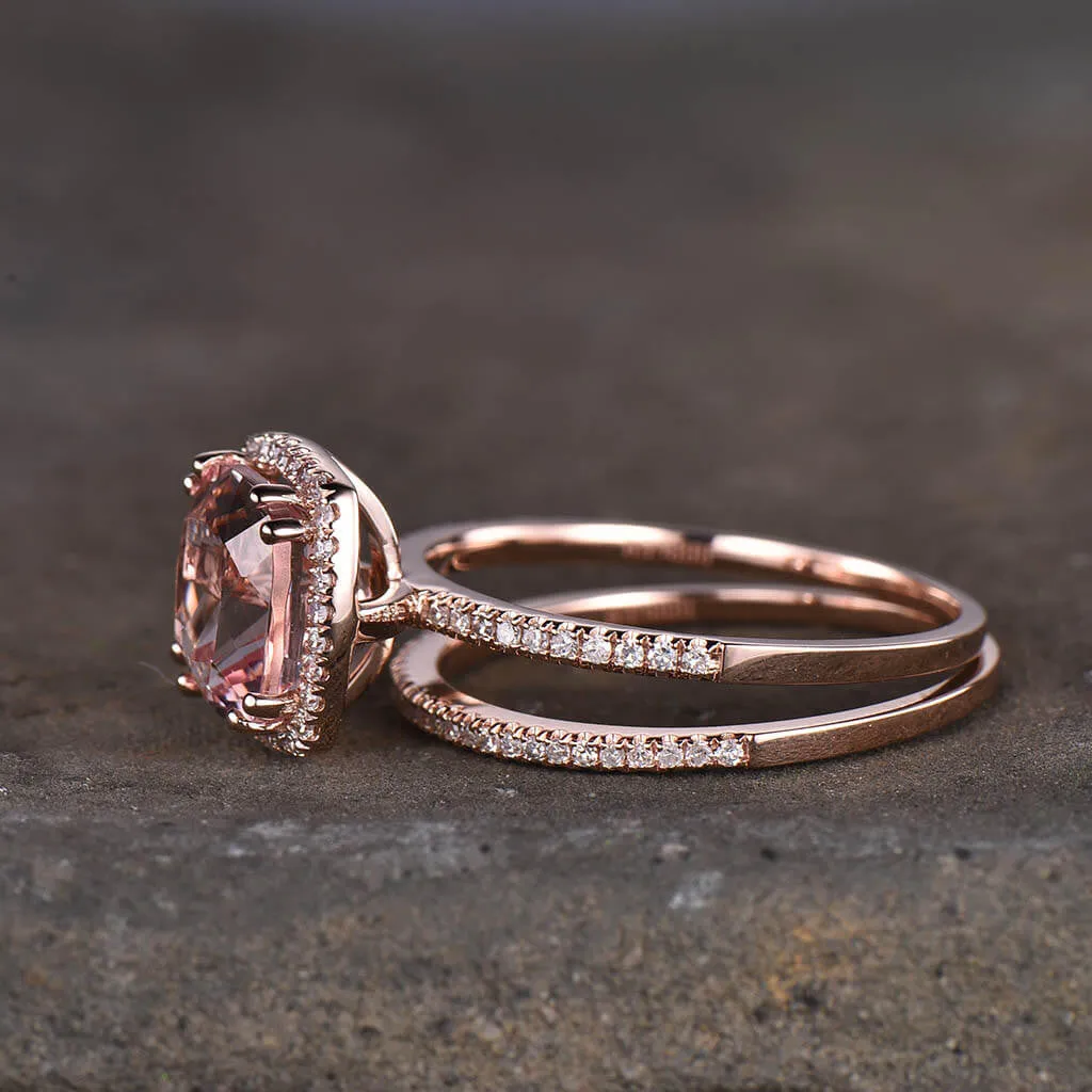 3 Carat Cushion Morganite Engagement Ring Set Rose Gold Halo Diamond Wedding Ring