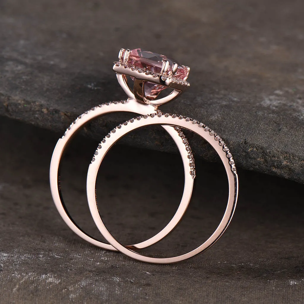 3 Carat Cushion Morganite Engagement Ring Set Rose Gold Halo Diamond Wedding Ring