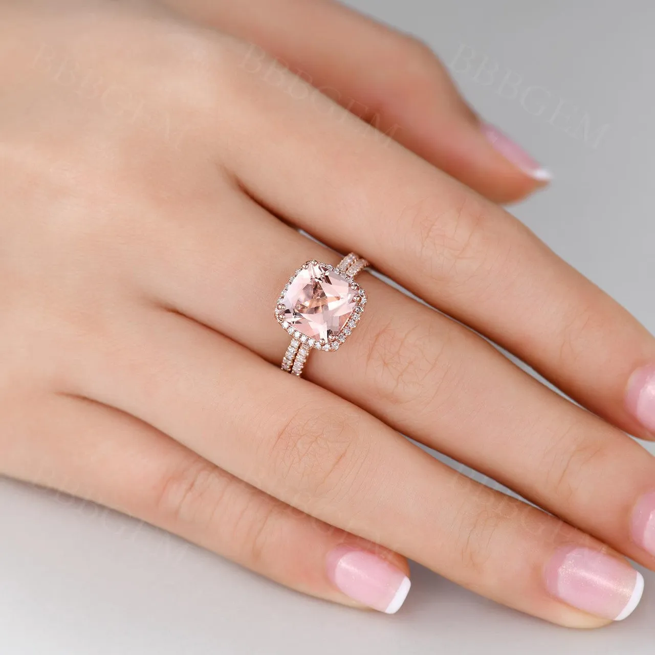 3 Carat Cushion Morganite Engagement Ring Set Rose Gold Halo Diamond Wedding Ring