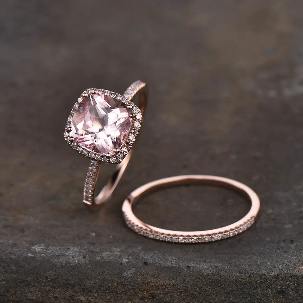 3 Carat Cushion Morganite Engagement Ring Set Rose Gold Halo Diamond Wedding Ring