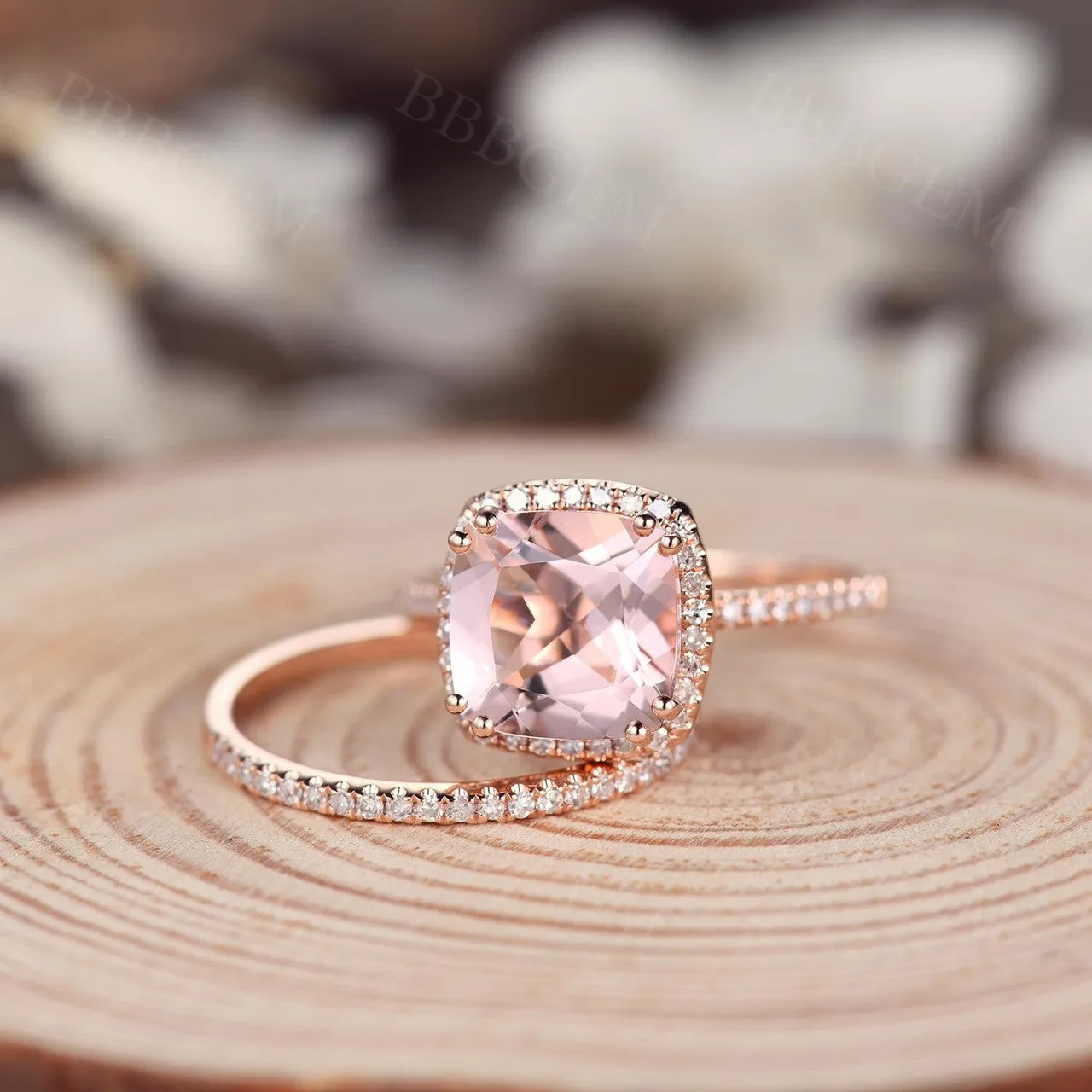 3 Carat Cushion Morganite Engagement Ring Set Rose Gold Halo Diamond Wedding Ring