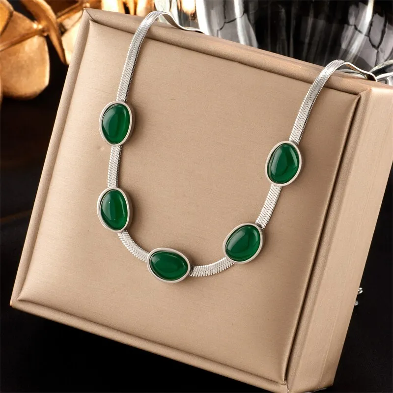 316L Stainless Steel Classic Green Enamel Decoration Women Necklaces