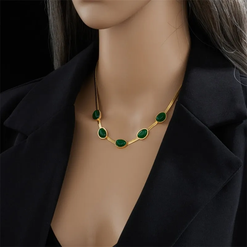 316L Stainless Steel Classic Green Enamel Decoration Women Necklaces