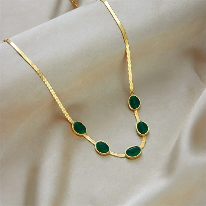 316L Stainless Steel Classic Green Enamel Decoration Women Necklaces