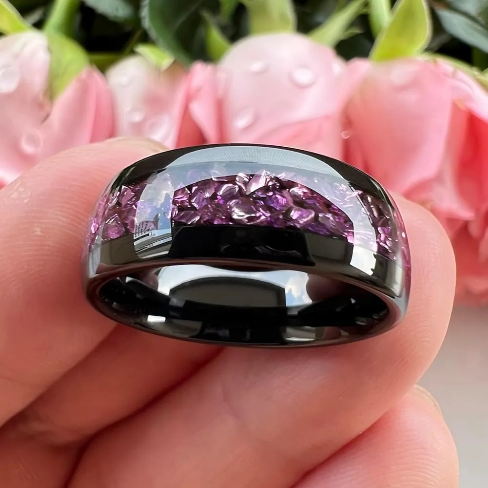 8mm Black Tungsten Rings for Men Women Outer Space Nebula Galaxy Blue Gemstone Purple Amethyst Inlay Engagement Wedding Band Polished Comfort Fit