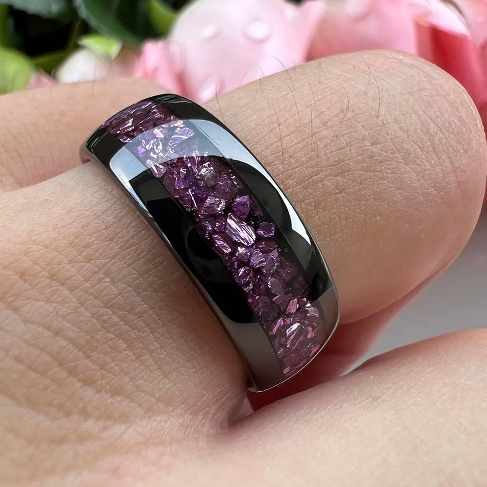 8mm Black Tungsten Rings for Men Women Outer Space Nebula Galaxy Blue Gemstone Purple Amethyst Inlay Engagement Wedding Band Polished Comfort Fit