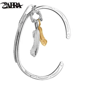 925 Sterling Silver Vintage Feather Bangle Charm Cuff Bracelets for Gift Brass Gold(Perimeter 19cm)