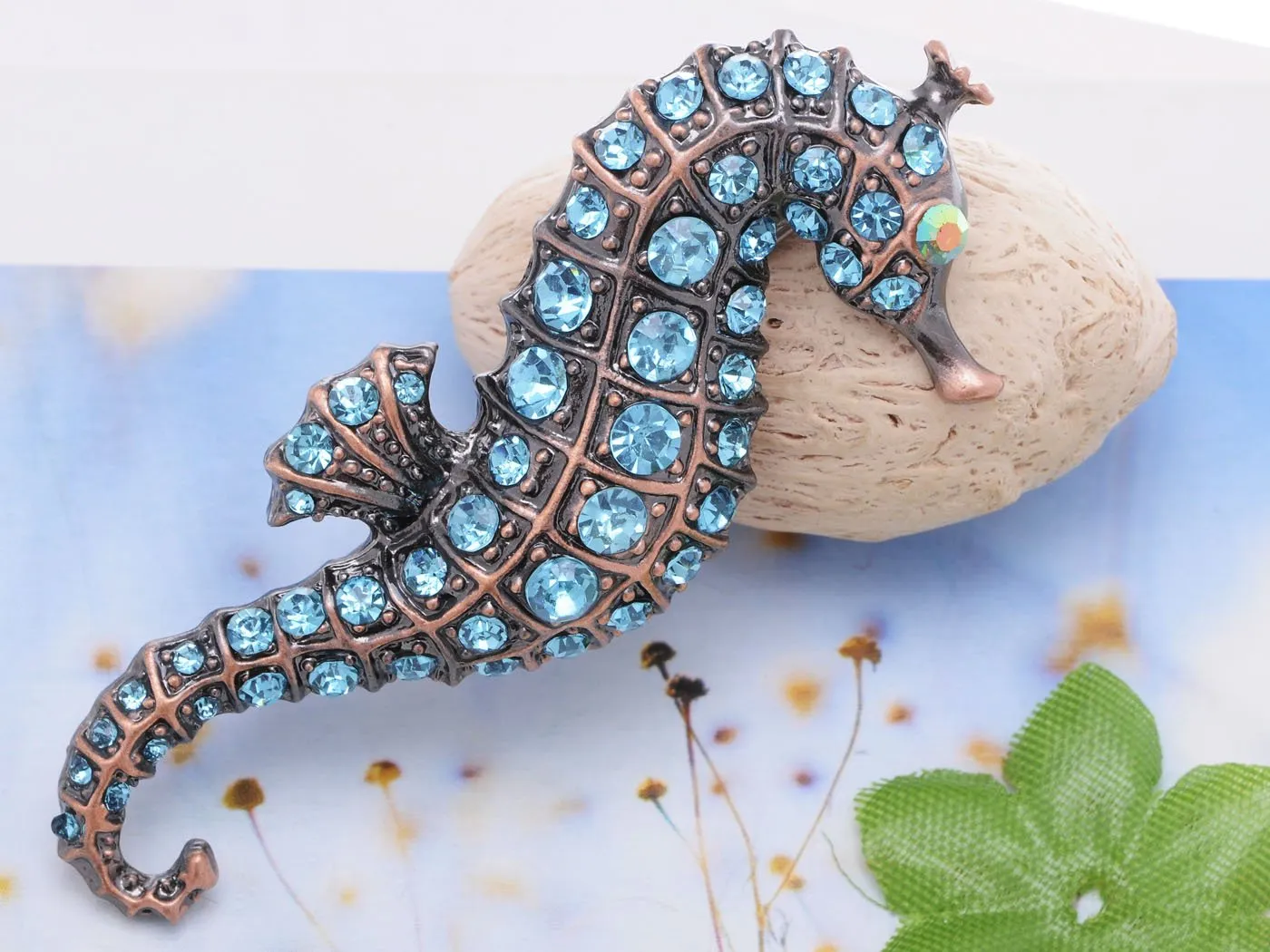 Alilang Copper Tone Light Blue Rhinestones Nautical Ocean Seahorse Brooch Pin