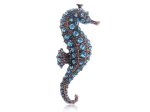 Alilang Copper Tone Light Blue Rhinestones Nautical Ocean Seahorse Brooch Pin