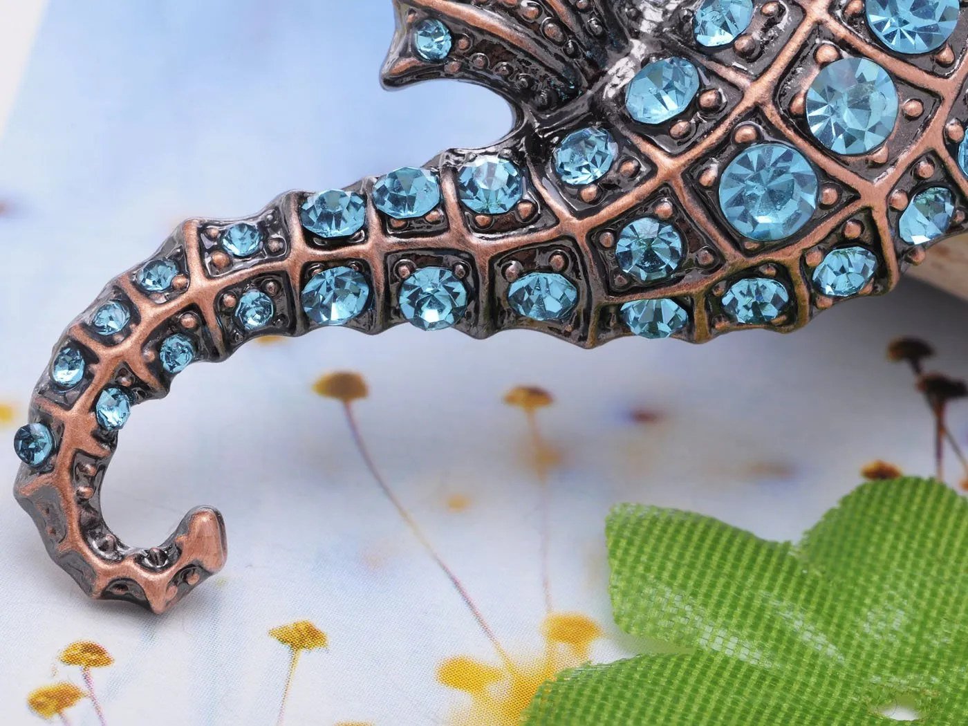 Alilang Copper Tone Light Blue Rhinestones Nautical Ocean Seahorse Brooch Pin