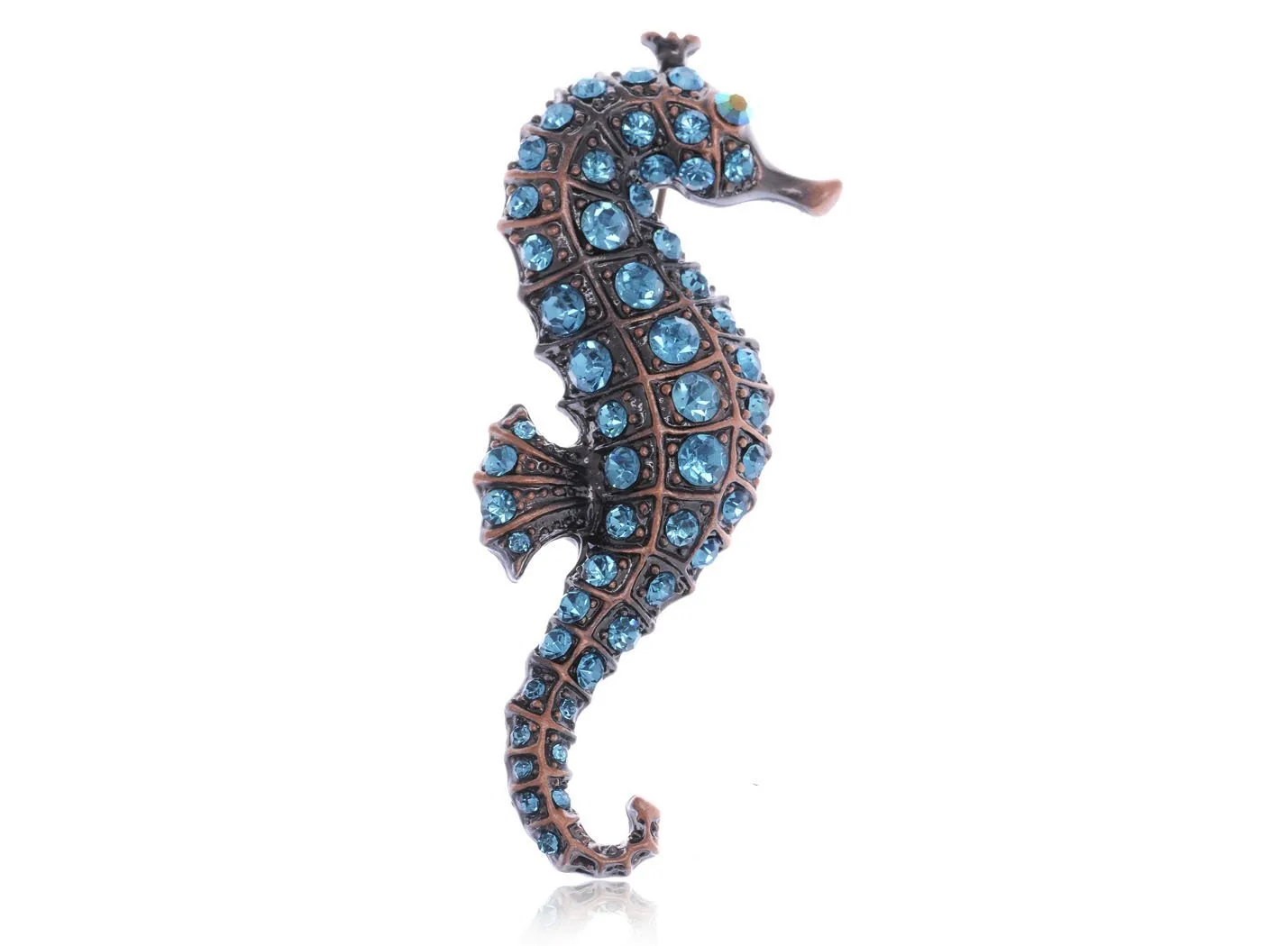 Alilang Copper Tone Light Blue Rhinestones Nautical Ocean Seahorse Brooch Pin