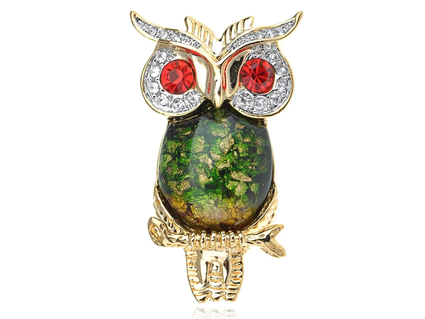 Alilang Ruby Red Crystal Rhinestone Eye Green Golden Tone Foil Bead Owl Bird Pin Brooch