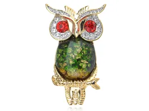 Alilang Ruby Red Crystal Rhinestone Eye Green Golden Tone Foil Bead Owl Bird Pin Brooch