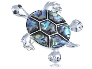 Alilang Silvery Tone Abalone Shell Hawaiian Swimming Turtle Black Rhinestone Pin Brooch