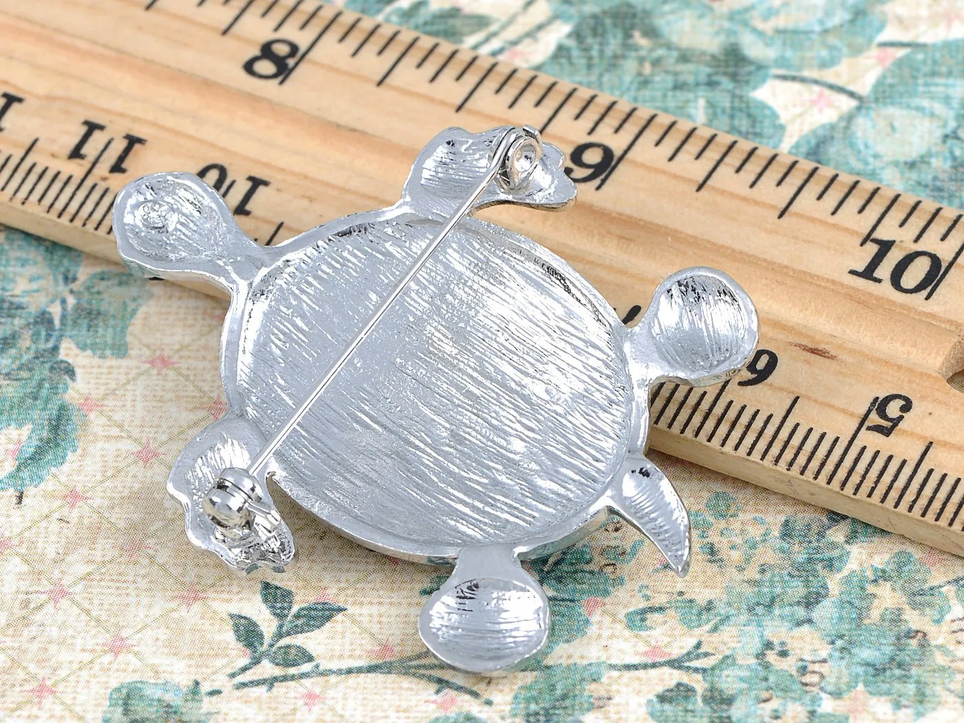 Alilang Silvery Tone Abalone Shell Hawaiian Swimming Turtle Black Rhinestone Pin Brooch