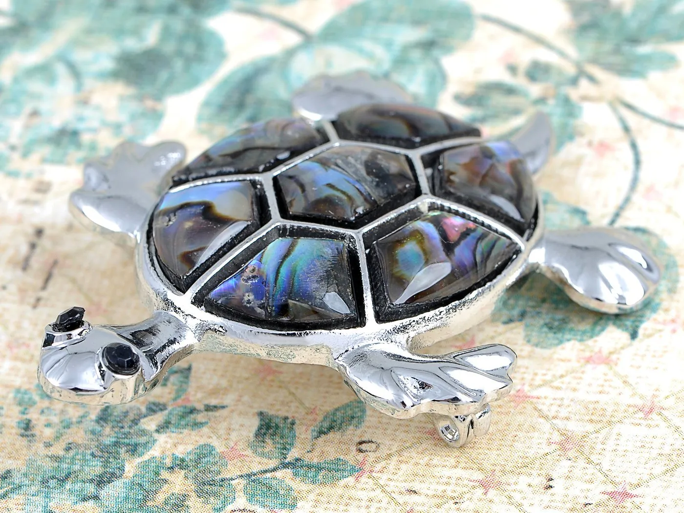 Alilang Silvery Tone Abalone Shell Hawaiian Swimming Turtle Black Rhinestone Pin Brooch