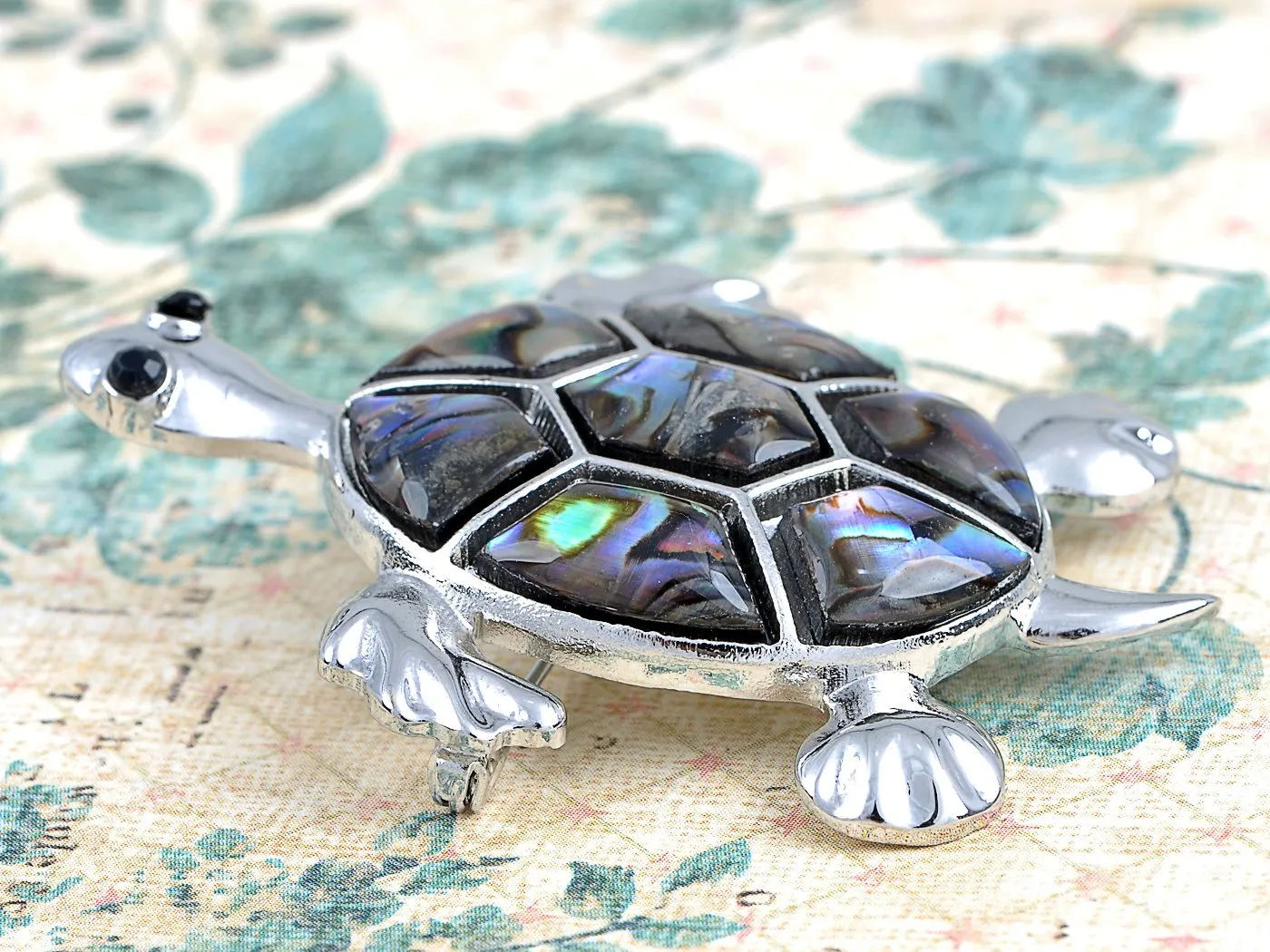 Alilang Silvery Tone Abalone Shell Hawaiian Swimming Turtle Black Rhinestone Pin Brooch