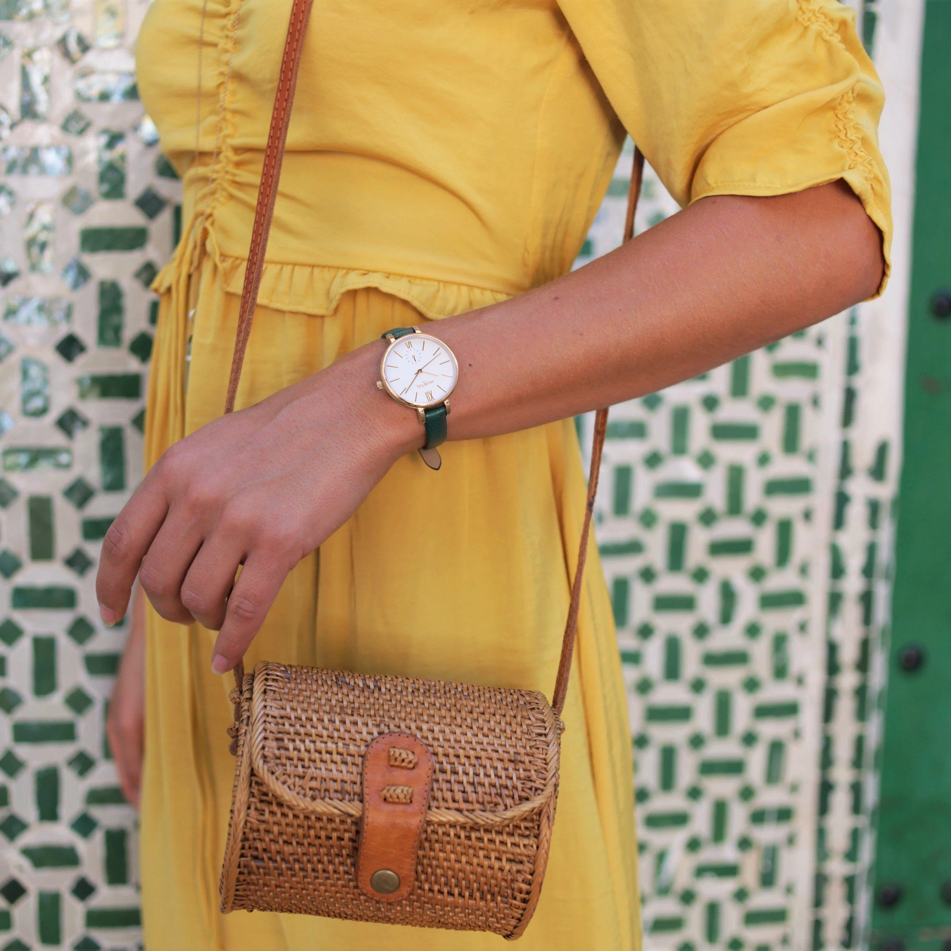 Amalfi Petite Vegan Leather Watch Gold, White & Forest Green