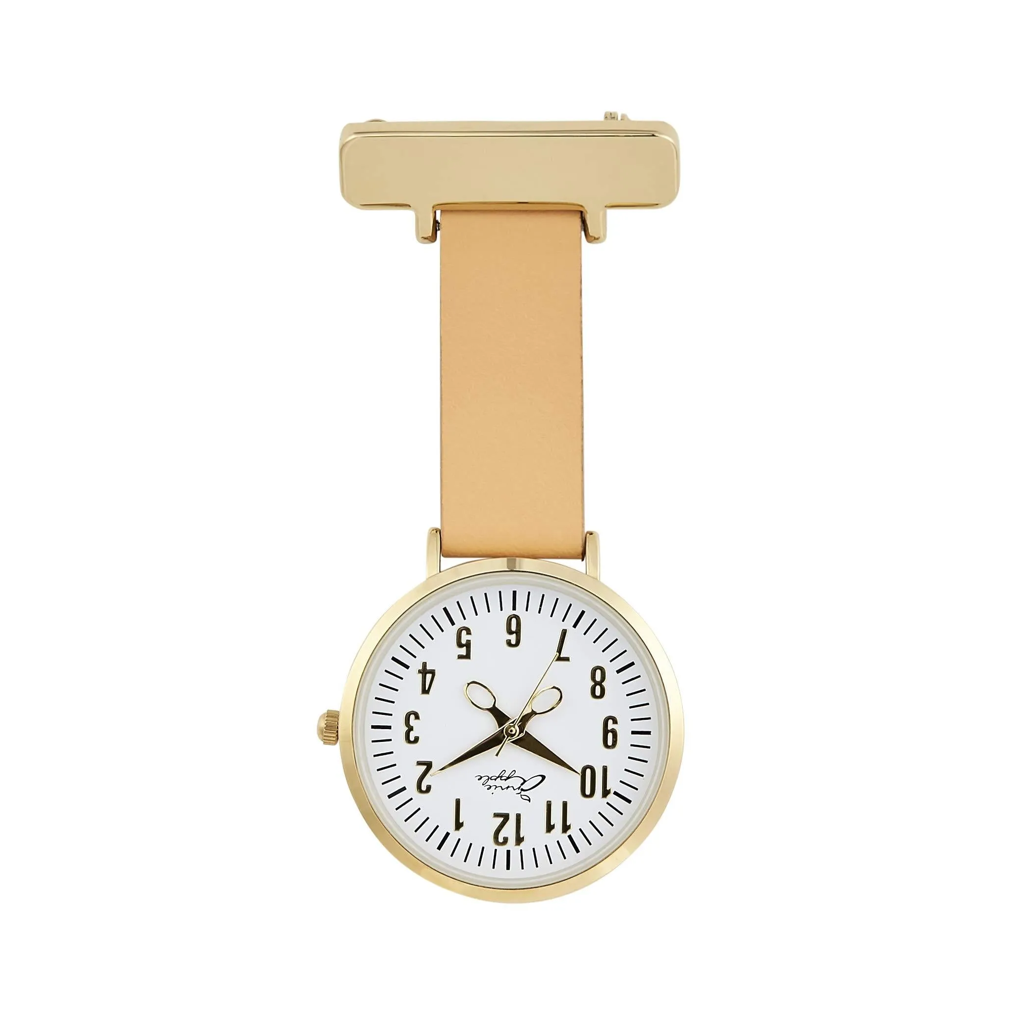 Annie Apple Designer Tan Leather Strap White Gold Dial Scissor Hands Nurses Nurse Beautician Hairdresser Fob Pocket Watch AA37