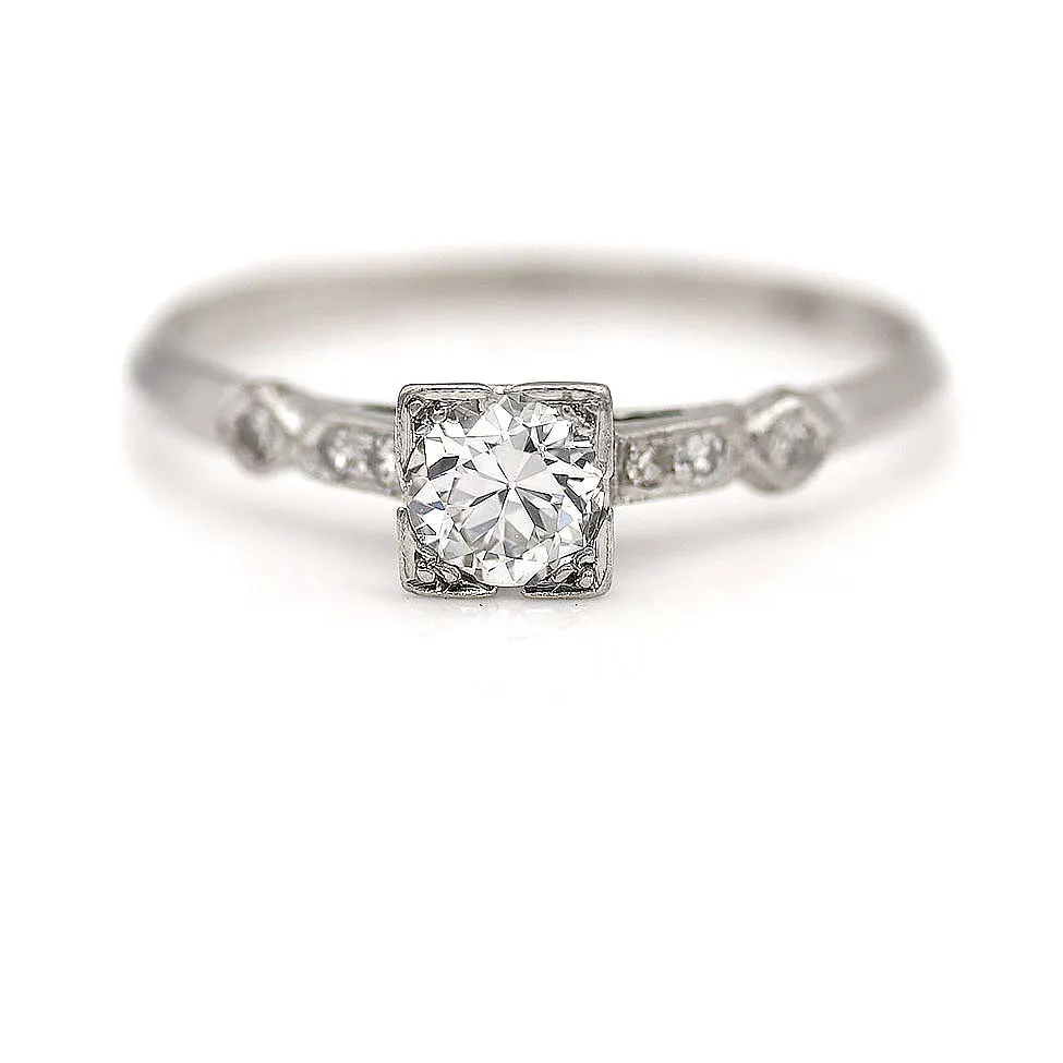 Antique 1940s Geometric Square Old European Cut Diamond Engagement Ring