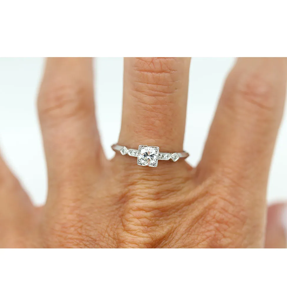 Antique 1940s Geometric Square Old European Cut Diamond Engagement Ring