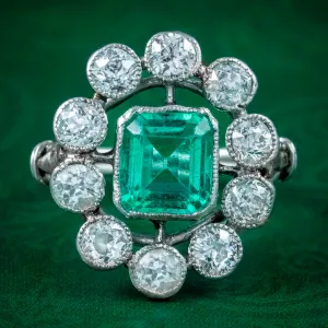 Antique Art Deco Emerald Diamond Cluster Ring 1.7ct Emerald