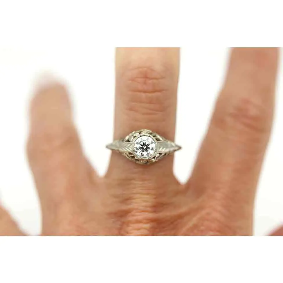 Art Deco .55 CT 18 Karat White Gold Solitaire Vintage Engagement Ring